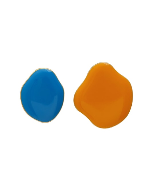 14k Gold [blue yellow] Brass Enamel Asymmetric  Irregular Minimalist Stud Earring
